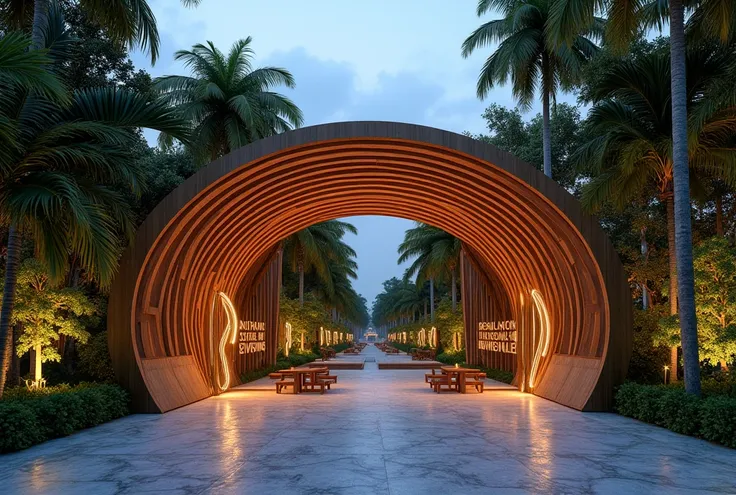 Entrance gate to the dining area combined with Saigon riverside park, low prefabricated buildings with extremely impressive and unique architecture, tropical style idea, tropical trees, wood combined with bamboo and LED lights, asymmetrical rounded lines, ...