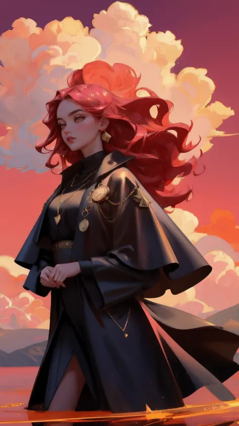 Visualize a stunning scene where a young girl stands confidently amidst a sea of cryptocurrency coins floating in a dreamy red-hued sky. Large, realistic coins such as Bitcoin, Ethereum, and other altcoins surround a sleek red Lamborghini, which sits promi...