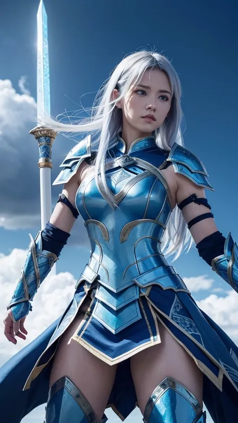 “A powerful female warrior with long blue hair and piercing blue eyes. She is wearing intricately designed blue armor with white patterns that shimmer under the light. In her hand, she wields a large, gleaming blue sword, crafted with the same white patter...