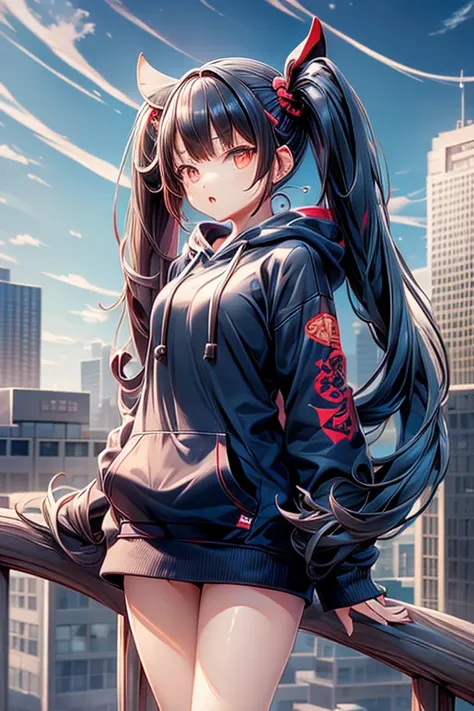 One girl, Are standing,, Home, Twin tails,,skyscraper,Tokyo,building,高層building,hoodie,Hood with ears,Gaze, Black Hair, Red eyes, Open your mouth a little, Decorative art, Hime cut, 