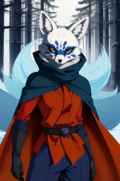 Alopex, arctic fox, furry, blue marks face, tmnt, orange eyes, 1girl, solo, cape, cloak, gloves, robe, pants, best quality, masterpiece, Mouth Mask, forest, 