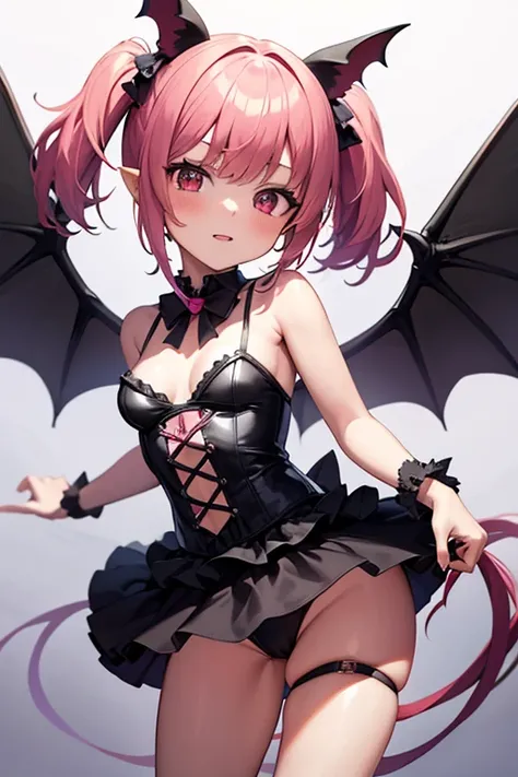 (masterpiece,best quality,ultra-detailed), an anime playful and sweet succubus. She has candy pink m-shaped bangs short hair with twin ponytails, ruby round eyes, fruit bat ears and wings, wearing a gothic leotard with ruffle skirt succubus attire, ankle s...