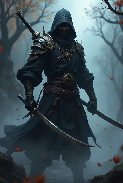 A Metin2 Ninja character, fast and agile, equipped with traditional East Asian style armor and clothing. His black and dark armor emphasizes stealth and lethality, and his face is partially covered by a mask. In his hand he holds a pair of sharp daggers or...