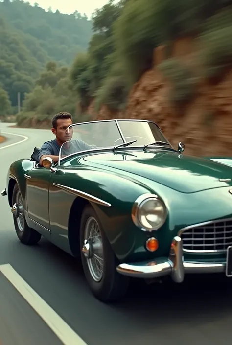 Cinematic portrait of a vintage car
 driver, captured in motion, using a
 panning technique to blur the
 background and emphasize speed.
 Photographed with a Canon EOS-1D X
 Mark III, 70-200mm f/2.8 lens, the
 panning creating a sense of motion and
 advent...