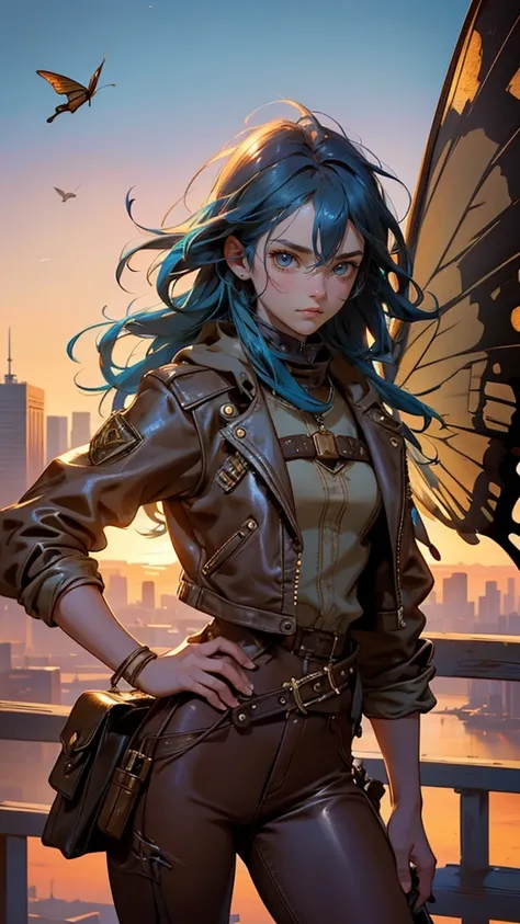 A captivating scene featuring a beautiful, cute girl with wild, blue hair, large steampunk goggles, and a worn leather jacket, now colored in shades of brown. She is airborne, with tattered butterfly wings made of fabric in earth tones, soaring above a cit...