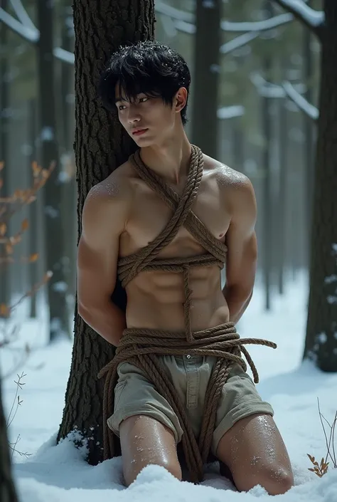 (((19 yo, muscular, shirtless boy))), (((young, slim, muscular, fit, boy))), (((ripped sixpack))), ((((Trussed up completely with rope)))), ((((ropes crossed over chest)))), (((body trussed up in tight fitting shibari ropes))), (((beautiful boy))), (((beau...