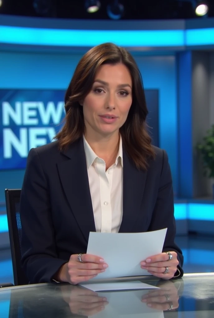 A news anchor, sitting in a studio, reading a biography with a paper in his hand