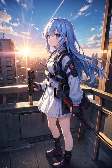 (anime)、(masterpiece:1.2),Atmospheric perspective,Lens flare、Ultra wide angle background focused on the girl、Future City、girl standing on the roof、cute、Another World M4 Carbine，Possession of guns