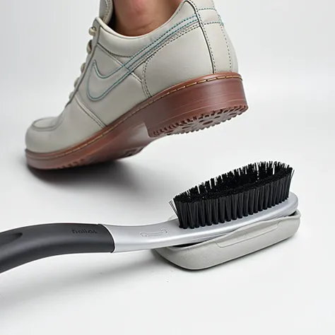 A shoe cleaning tool that uses a brush design with a special angle and shape to reach hard-to-reach areas., such as the bottom of the shoe and the stitching.