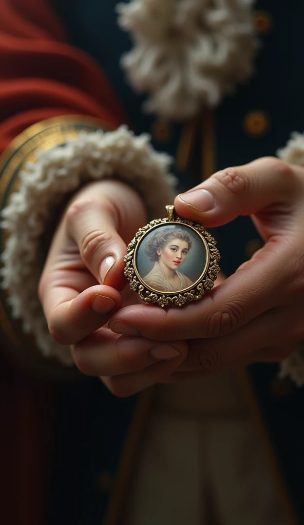 A close-up of Napoleon’s hand clutching a locket with Josephine’s portrait inside. The locket is intricately designed, with a soft glow illuminating it, symbolizing his enduring love for her.