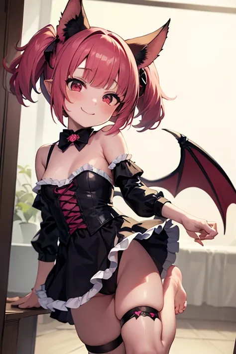 (masterpiece,best quality,ultra-detailed), an anime naughty and sweet succubus. She has candy pink m-shaped bangs short hair with twin ponytails, ruby round eyes, fruit bat ears and wings, wearing a gothic leotard with ruffle skirt succubus attire, ankle s...