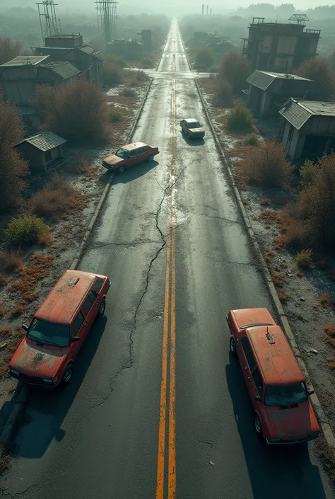 Apocalyptic style road intersection from above 