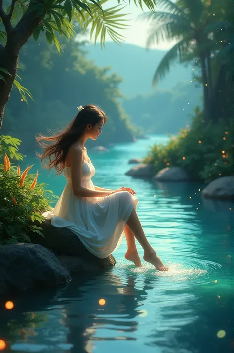 Small river inside the jungle ,a beautiful white clothes girl sitting near the pond  ,dripping her legs and swinging inside the clean water  ,water is flowing from  small hills  ,glowing plants and some fireflies 