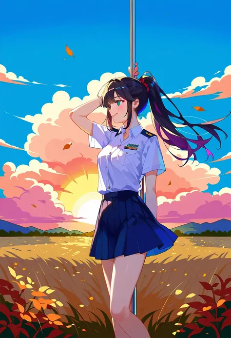 (masterpiece, The best quality at its best:1.2), alone、JK,Gal、Black Hair、White Shirt、uniform、mini skirt、ponytail、countryside、the way、field、Autumn sky、Sunset、Electric pole、smile、Nostalgic、Emotional