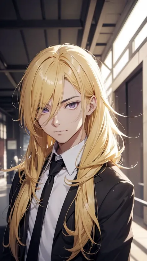 Cabello amarillo, Hair yellow, Anime style image of a man with long blonde hair wearing a black suit and white shirt, purple eye, a character portrait inspired by Yamagata Hiro, pixiv, what is?, delicate androgynous prince, guapo drow, beautiful androgynou...