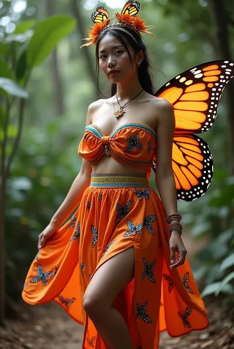 costume for butterfly festival. Use vibrant color but keep it simple. With foreheadband, mid skirt and eye catching design. Not revealing. Make it look like festival in philippines