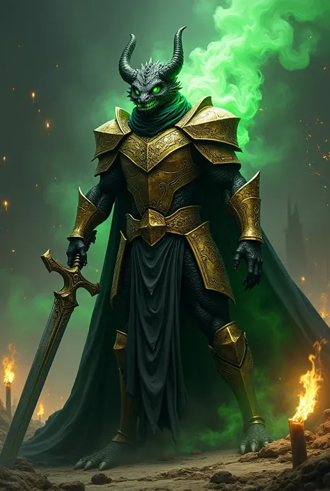 ((Dragonborn, black scales, green eyes, dragon features, dragon face, long v-shaped horns, holdinga very large sword and a harp, green smoke coming out of his mouth)),  (gold plate armor, armor on chest, gold chest plate, gold pauldrons, black cloak, black...