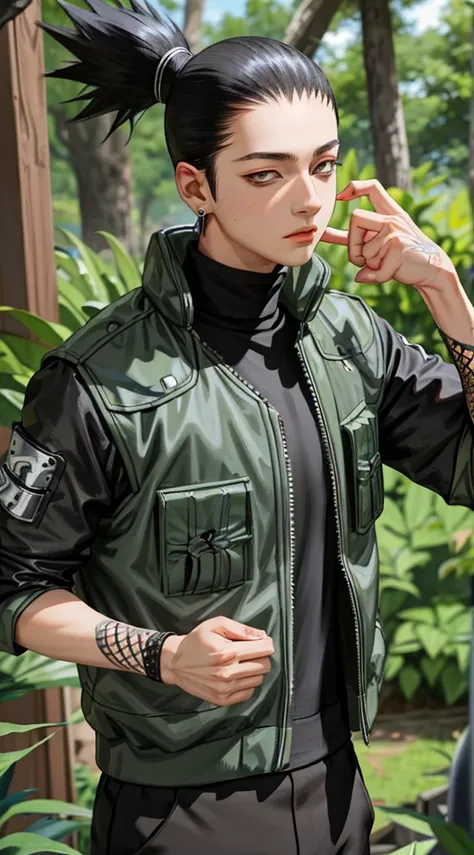 Masterpiece, 1boy, Superb Style, Streetwear chothes, Outdoor, Upper Body, Shikamaru nara, bright eyes, black hair, cool boy