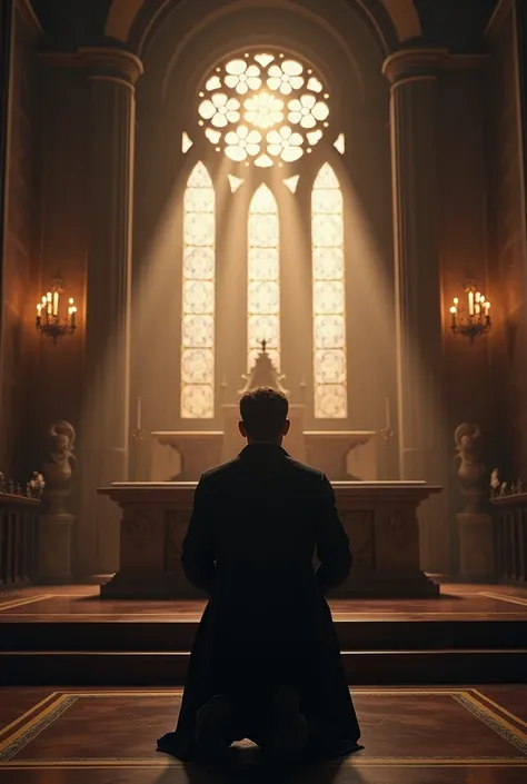 Create a cinematic image of a man facing the altar praying 