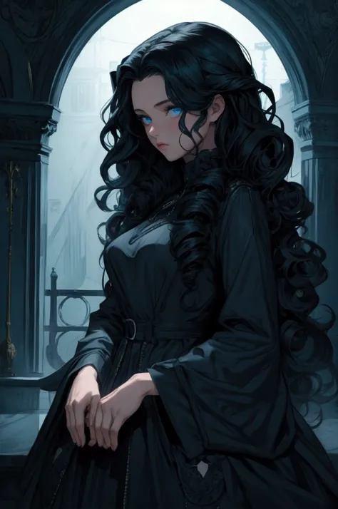 A girl with dark long navy blue curly hair, light blue eyes, wearing all black 