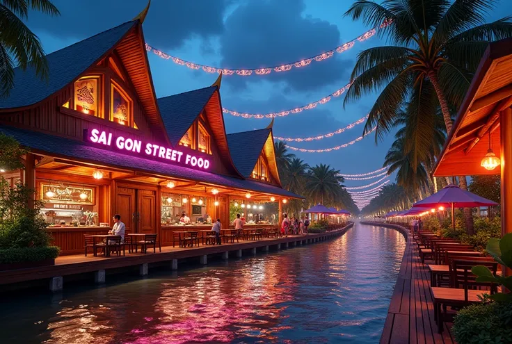 Saigon riverside park combined food street, low prefabricated buildings with extremely impressive and unique architecture, tropical style idea, tropical trees, wood combined with bamboo and LED lights, asymmetrical rounded lines, sloping roof shape with Th...