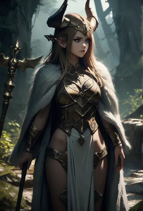 a beautiful tifling viking sorceress, woman with horns, detailed face, piercing eyes, detailed hair, elaborate fantasy armor, fur cloak, staff, outdoor forest environment, old ruins, dramatic lighting, moody atmosphere, cinematic, highly detailed, 8k, phot...