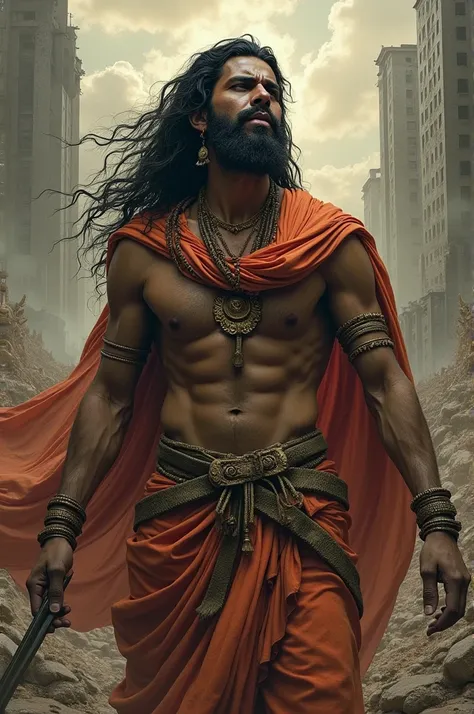 An artistic representation of Kumbhkarna symbolizing the misuse of power. Kumbhkarna is shown with a regretful expression, surrounded by images of destruction, emphasizing his downfall."