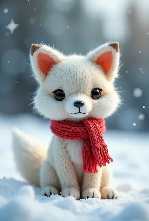 (La Highest quality,High resolution,Very detailed,Actual),Cute knitted arctic fox，In the snow，smile，（（A masterpiece packed with fantasy elements）））， （（Highest quality））， （（Intricate details））（8k）