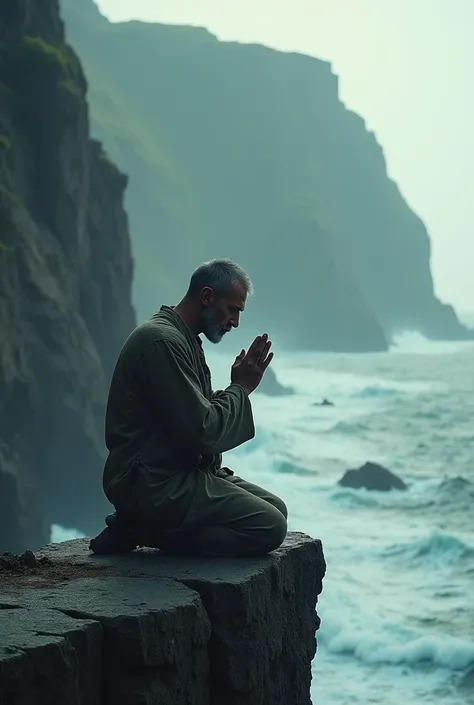 Create a cinematic image of a man on a cliff praying 