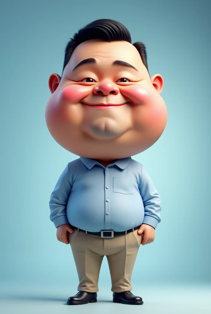 Realistic 4D caricature photo, big head, , a middle-aged man with an Indonesian face, 50 years old, clean face, round face, Body chubby, neat short black undercut hair, wearing a formal shirt light blue color, formal beige trousers, black leather shoes, st...