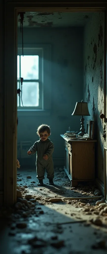 A miniature, detailed and hyper-realistic scene, a very detailed child miniature scene, a disturbing atmosphere, dramatic lighting, a moody and eerie color palette, dark dimly lit abandoned house, horror elements, a cinematic composition, a photorealistic ...