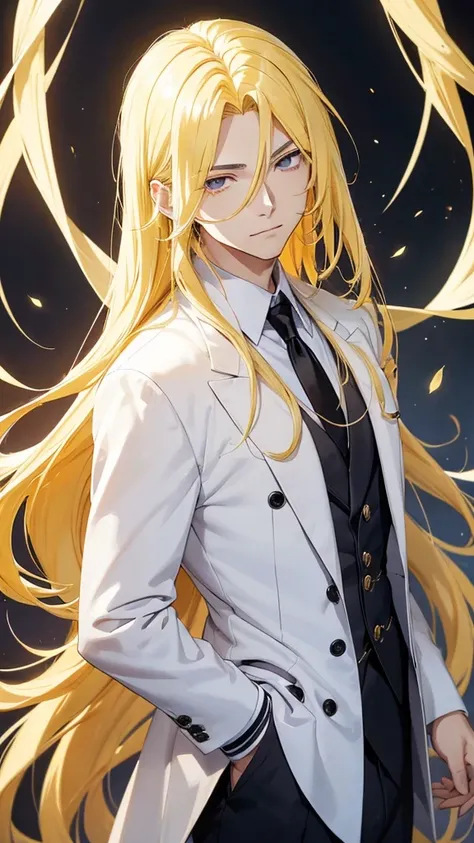 Cabello amarillo, Hair yellow, Anime style image of a man with long blonde hair wearing a black suit and white shirt, purple eye, a character portrait inspired by Yamagata Hiro, pixiv, what is?, delicate androgynous prince, guapo drow, beautiful androgynou...