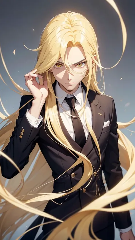 Cabello amarillo, Hair yellow, Anime style image of a man with long blonde hair wearing a black suit and white shirt, purple eye, a character portrait inspired by Yamagata Hiro, pixiv, what is?, delicate androgynous prince, guapo drow, beautiful androgynou...