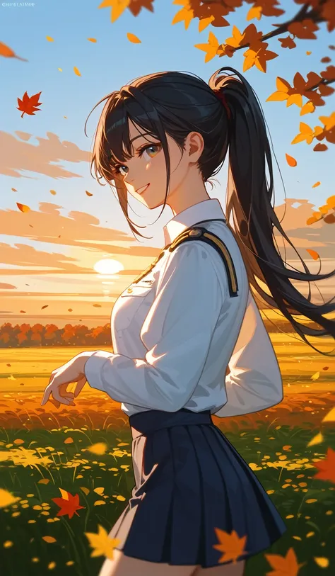 (masterpiece, The best quality at its best:1.2), alone、JK,Gal、Black Hair、White Shirt、uniform、mini skirt、ponytail、countryside、the way、field、Autumn sky、Sunset、smile、Nostalgic、Emotional