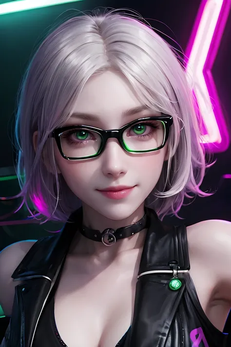 violet, neon lighting, short hair, pale skin, brightly glowing green eyes, portrait of a cute smiling girl in glasses with a metal frame