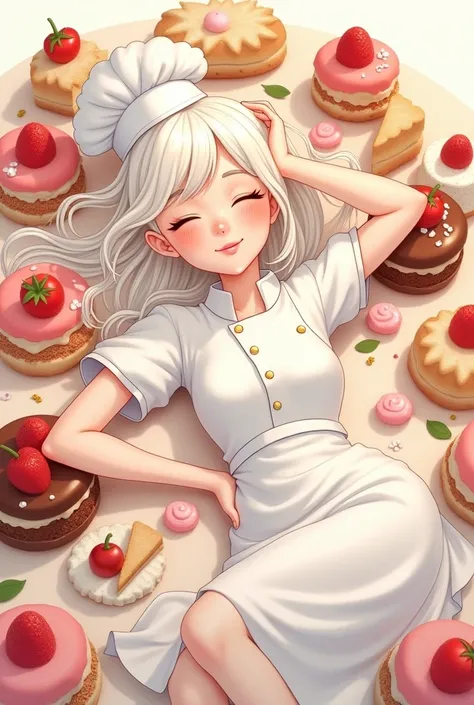 WHITE-SKINNED WOMAN CHEF CHARACTER DRAWING ILLUSTRATION SMILING , light hair, LYING DOWN SLEEPING ON TOP OF DESSERTS 
