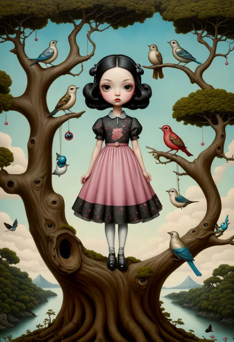 The painting shows a girl in a dress standing on a tree，There is a bird around, Surrealism inspired by Mark Ryden, both sides, Pop surrealism, Mark Ryden style, lowbrow Pop surrealism, Mark Ryden&#39;s style, Popular Surrealism, Pop surrealism art style, m...