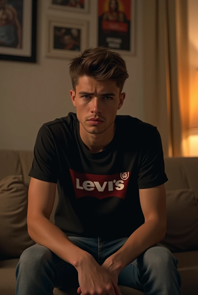 (photorealism:1.2), (HDR quality), very handsome young man, sitting on the livingroom, looks so sad, wearing black printing t-shirts, levis, short hair, indoors, soft lighting, posters in background, cozy room, randomize sad pose, realistic, intricate deta...