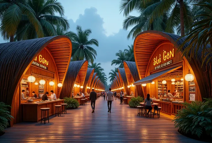 Saigon riverside park combined food street, low prefabricated buildings with extremely impressive and unique architecture, tropical style idea, tropical trees, wood combined with bamboo and LED lights, asymmetrical rounded lines, like a birds nest, Azulik ...