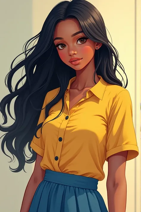 Picture of a Black American girl in her twentys with long black hair and brown eyes wearing a yellow shirt and blue skirt in anime 