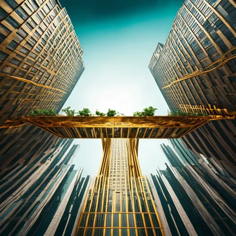 Surreal Scene, Upside-down cities, skyscraper with a gleaming golden arch rooftop stand upside down on the ground or exist hanging from the ceiling