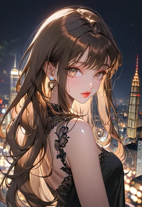 The background is skyscrapers at night，(Highest quality,Very detailed,High resolution:1.2),beautiful girl，Brown straight hair,Brown bangs，very_Long eyelashes, Detailed lips, Cool look, Soft Skin, Shiny Hair,Exquisite makeup,Looking back at me