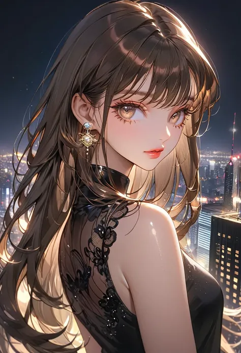 The background is skyscrapers at night，(Highest quality,Very detailed,High resolution:1.2),beautiful girl，Brown straight hair,Brown bangs，very_Long eyelashes, Detailed lips, Cool look, Soft Skin, Shiny Hair,Exquisite makeup,Looking back at me