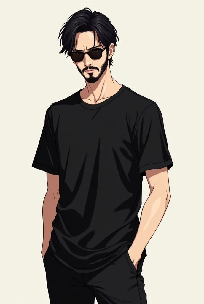 A cute skinny anime guy with black t shirt and black pants he has shor hairs normal looking at camera with attitude and his hand in pockets and he also have beard on his face like john wick and wearing dark glasses and he has short hairs on his head like n...