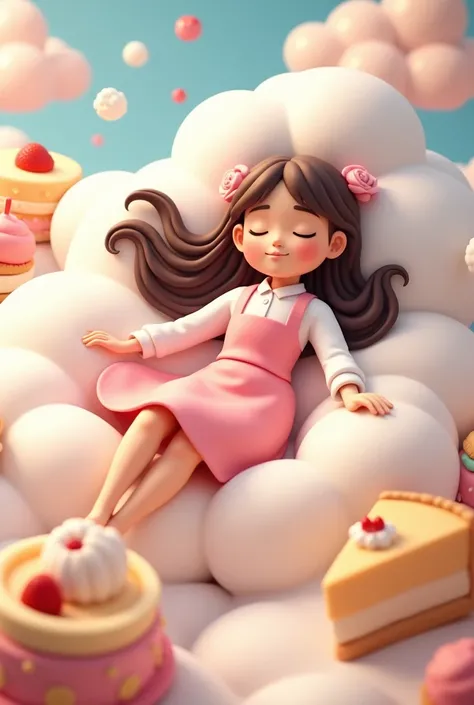 WHITE SKINNED GIRL CHEF SMILING 3D VECTOR CHARACTER, BROWN HAIR WEARING A WHITE SHIRT OVER IT A PINK APRON LYING DOWN SLEEPING ON TOP OF A CLOUD DESSERTS 
