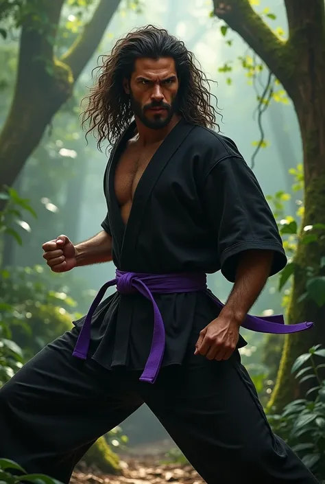 Tarzan being a jiu-jitsu fighter, with a black kimono and purple belt.