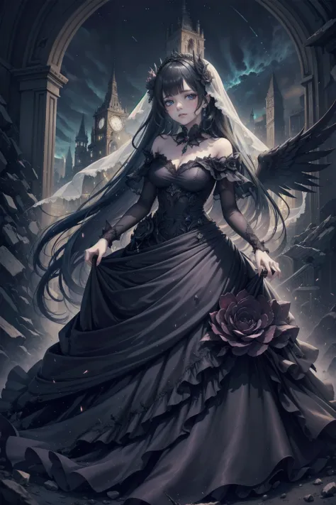 a world where the elegance of a bygone era meets the precision of mechanical innovation, the gothic girl、standing as a living wi...