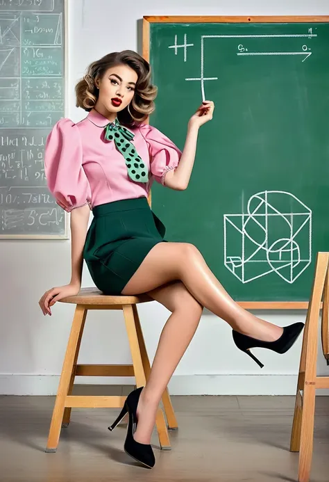 Portrait of a girl in pin-up style, playful pose, sitting on a stool, cross-legged, pink blouse, puffy sleeves, short green skirt, black high heel shoes, holding a chalk board, looking away, indoors, classroom setting, chalk board with geometric shapes, ma...