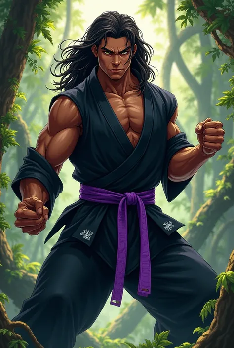 Tarzan being a jiu-jitsu fighter, with a black kimono and purple belt, anime styling.