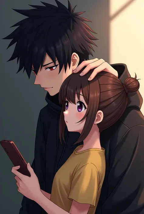 Anime boy ((( Spiky hair , black hair , black hoodie , red eyes , narrowed eye , handsome , pating the girls head))) , anime girl ((( purple eyes , brown hair , tied single bun hair style , yellow t shirt , blank t shirt , using phone ))) , 